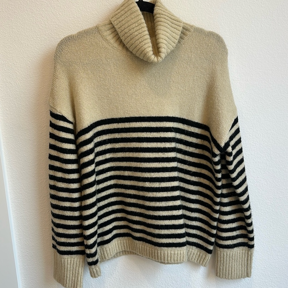 The Korner neutral striped cowl neck sweater